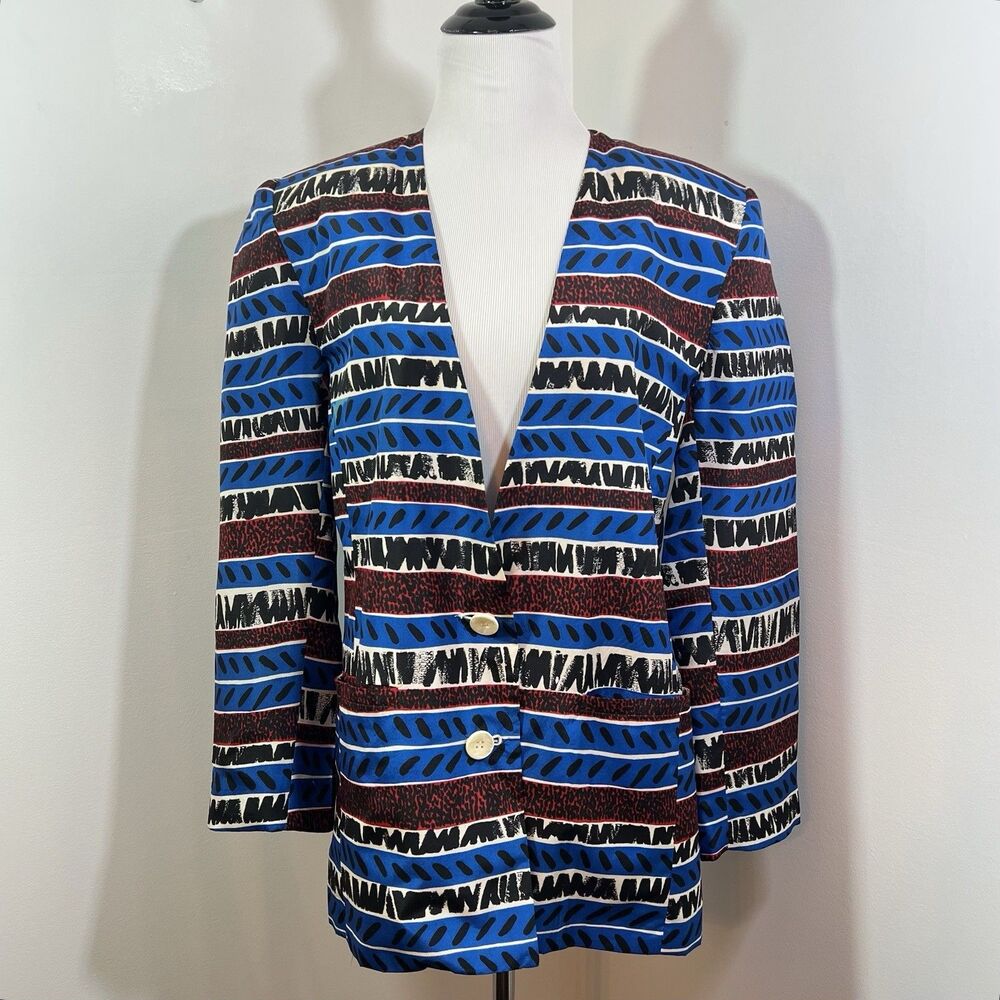 VTG 80s Easy Silks SK Company Blouse Womens 8 Blue Black Silk Jacket Blazer